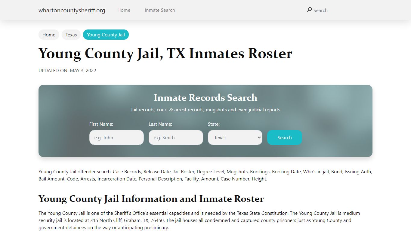 Young County Jail, TX Jail Roster, Name Search